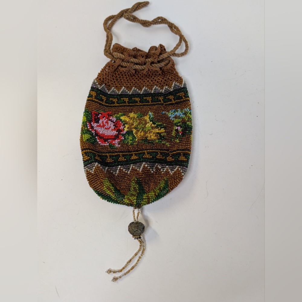 VINTAGE  Beaded Embroidered Brown Drawstring Bag 1800 VICTORIAN ERA